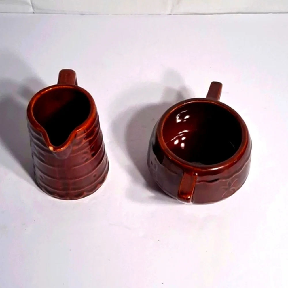 Vintage Set of Brown Marcrest Daisy Dot Stonewear Milk Pitcher And Sugar Bowl
